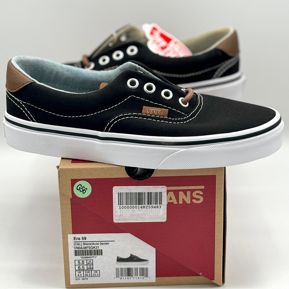 NWT Vans Classic Era 59 Sneakers in Black C & L Acid Denim Brown Leather Trim​
